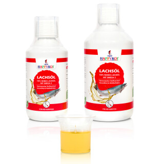 HAPPYKOI® Lachsöl mit Omega-3 flüssiges Ergänzungsfuttermittel Futterzusatz für Koi & Zierfische, Hunde, Katzen, Pferde - 250 ml + 500 ml