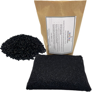 HAPPYKOI® Aktivkohle Pellets - Hochaktive Formaktivkohle mit Filtermedienbeutel schwarz - Pelletgröße: 4 mm - Inhalt: 500 g (1 Liter)